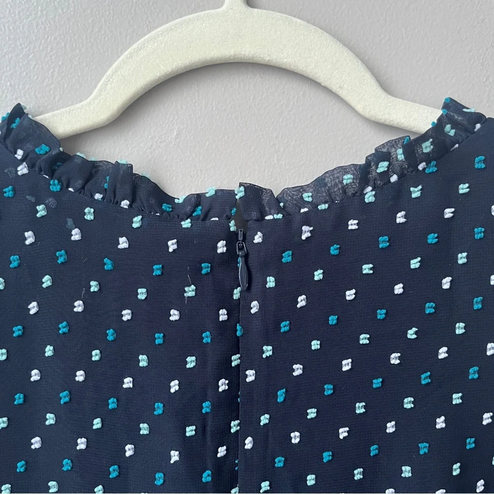 Loft Outlet Dress Women's 8 New NWT Navy Blue Tufted Swiss Dots Midi Ruffles - Picture 11 of 12